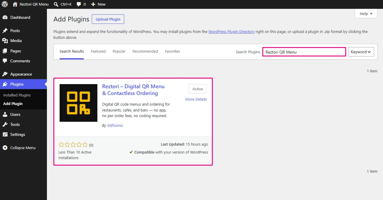 WordPress Add Plugins screen with the text field
