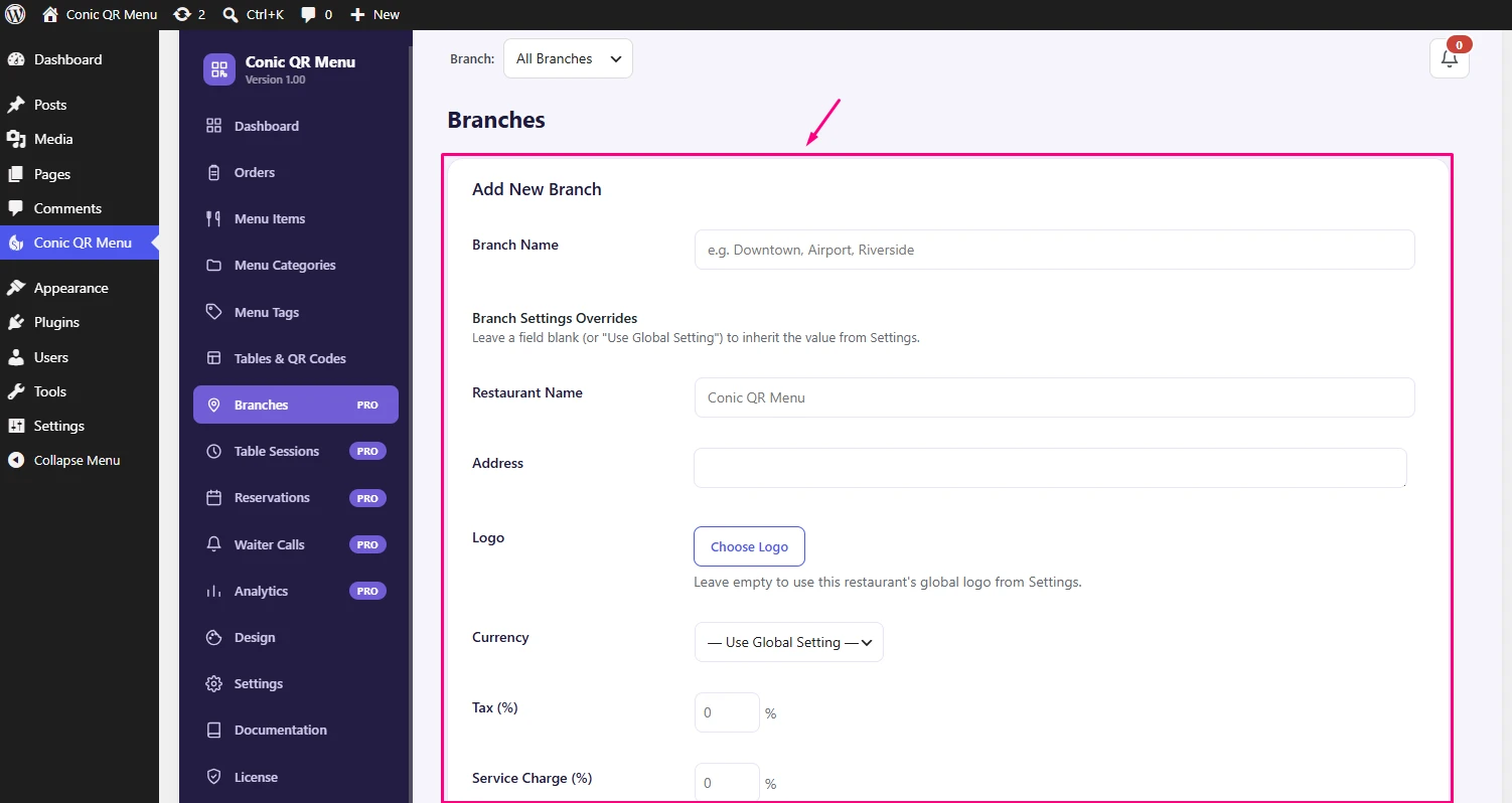 Conic QR Menu multi-branch management screen