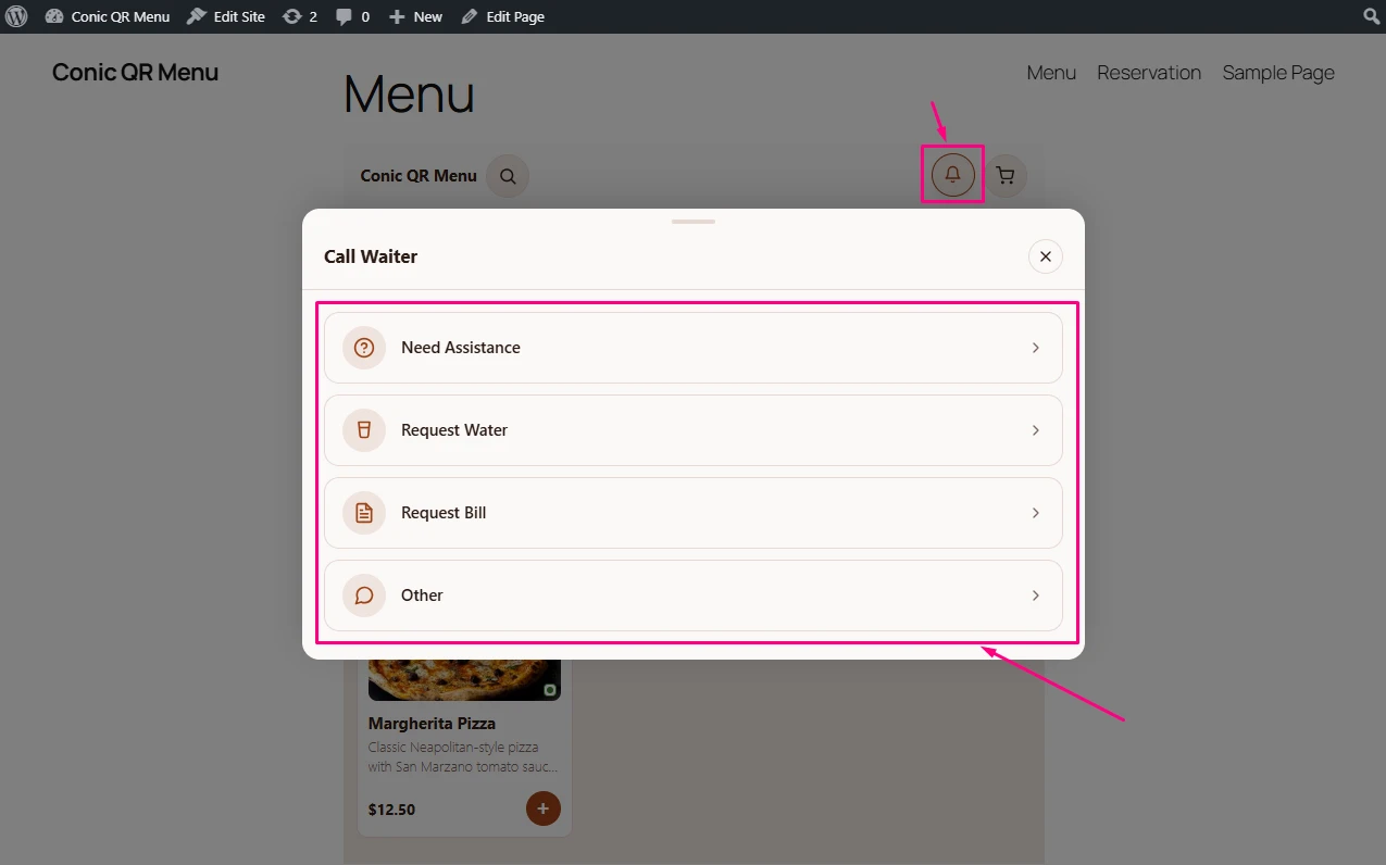 Conic QR Menu waiter calls screen