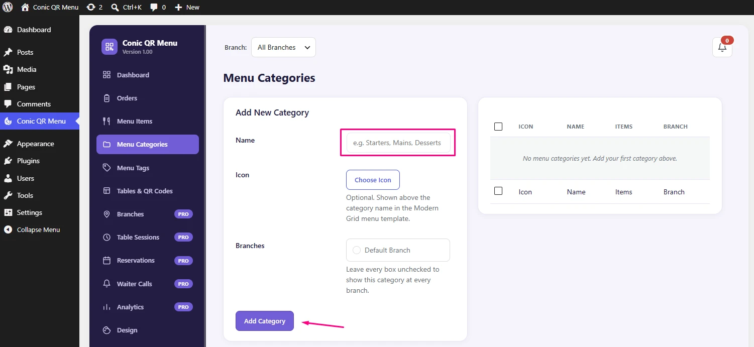 Conic QR Menu category management screen