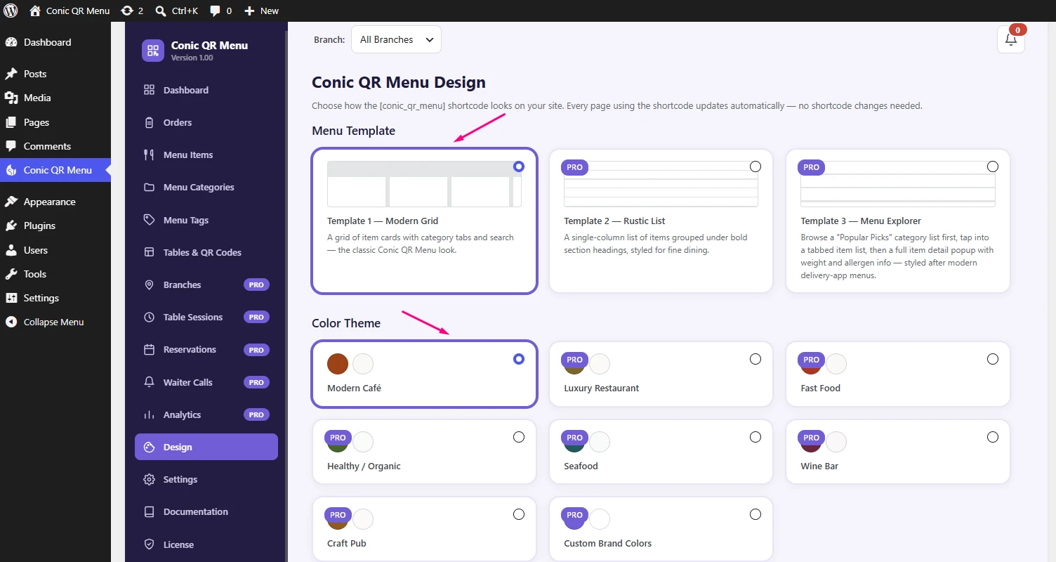 Conic QR Menu free Design screen with menu template and color options