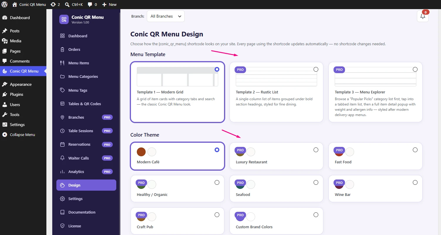 Conic QR Menu Design screen with menu templates and color