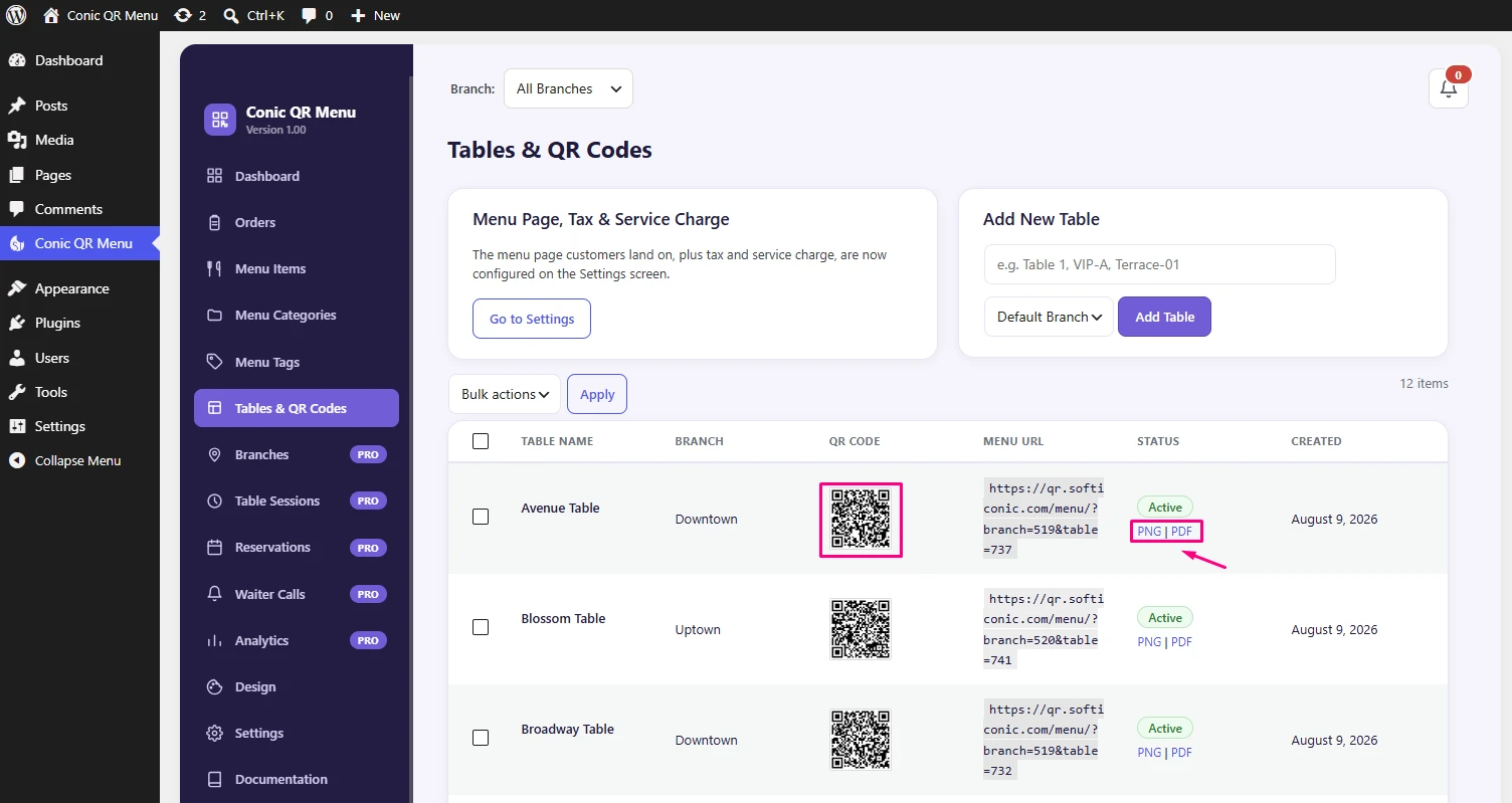 Conic QR Codes management screen