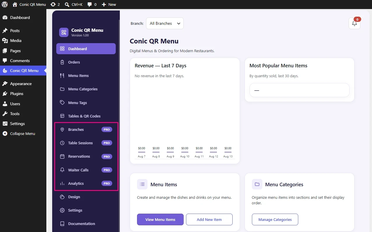 Conic QR Menu dashboard in the WordPress admin panel
