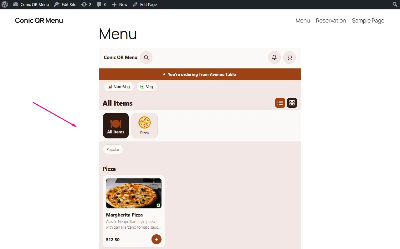Conic QR Menu customer-facing digital menu