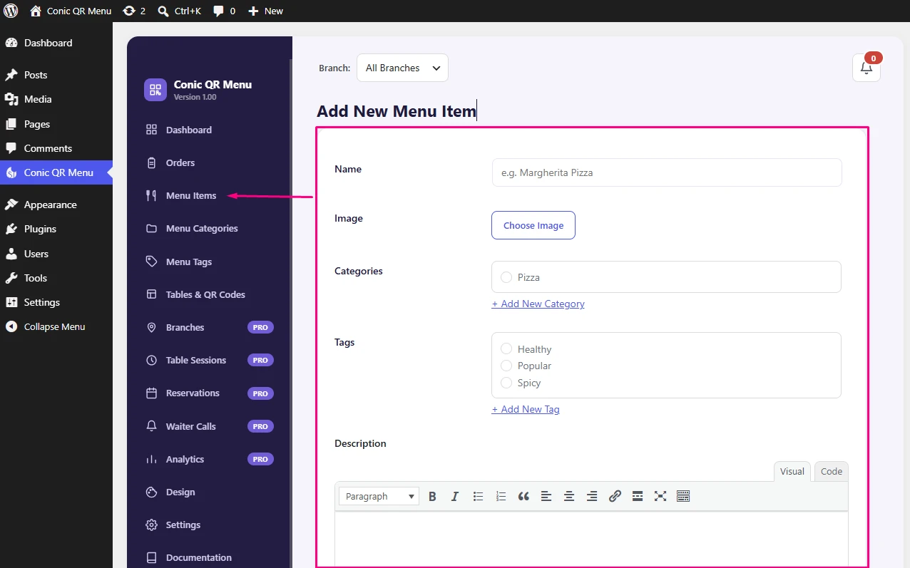 Conic QR Menu item details screen with menu item fields
