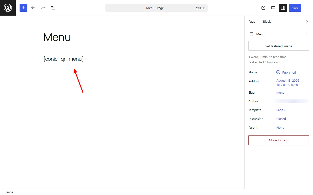 WordPress menu page displaying the Conic QR Menu shortcode