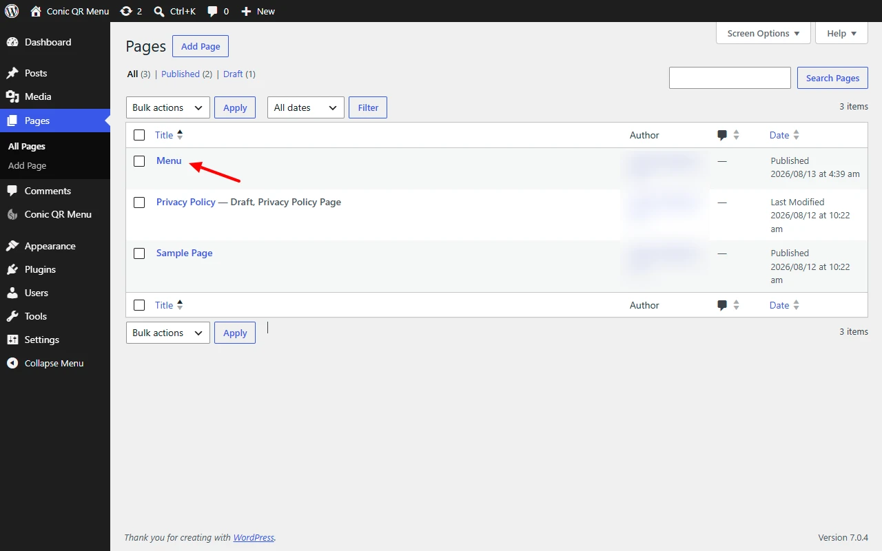 WordPress menu page displaying