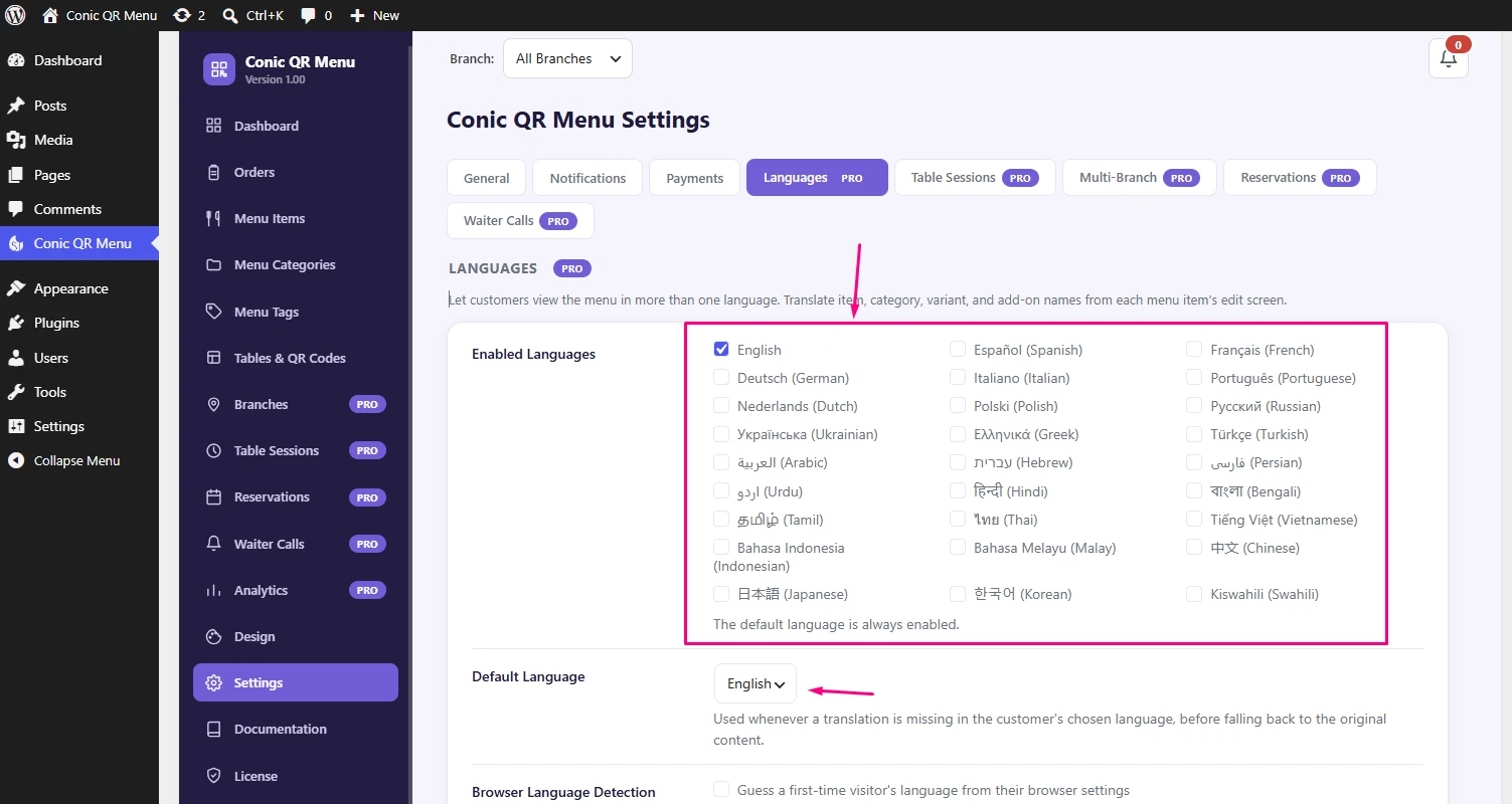 Conic QR Menu multi-language settings for translating menu content
