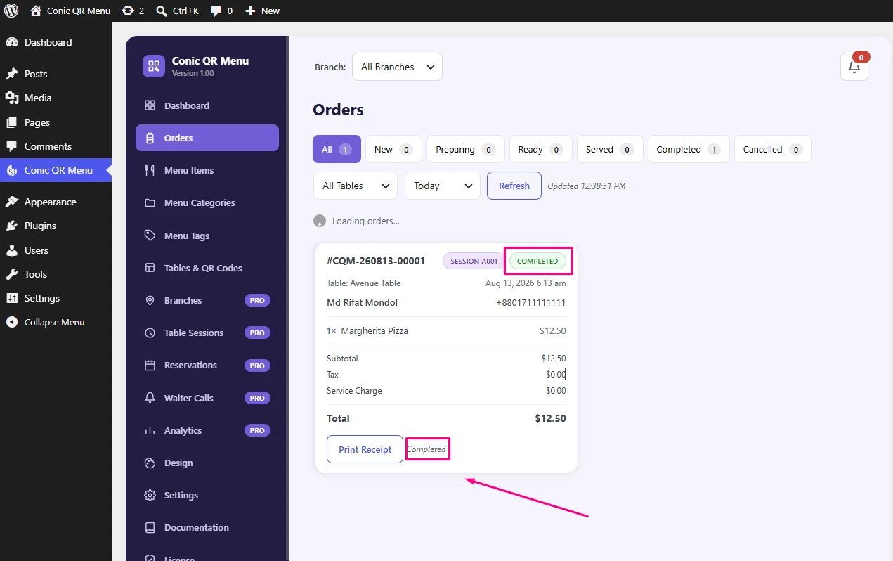 Conic QR Menu order management screen for processing incoming orders