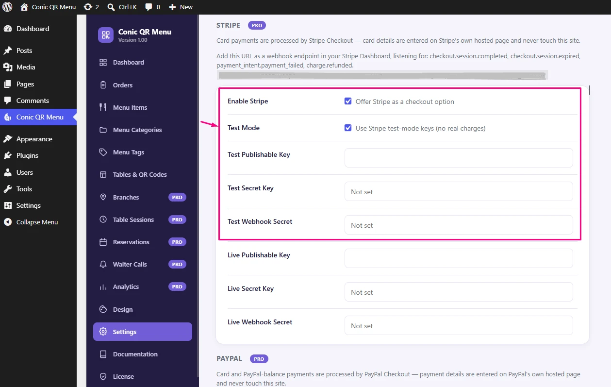 Conic QR Menu payment setup for test & live mode