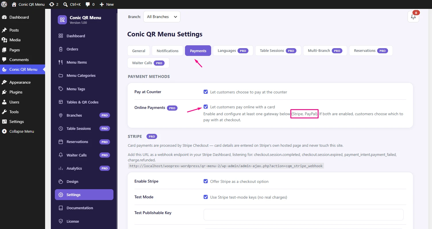 Conic QR Menu payment settings for online and counter payments