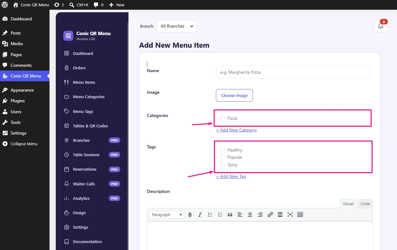 Conic QR Menu category and tag management screen