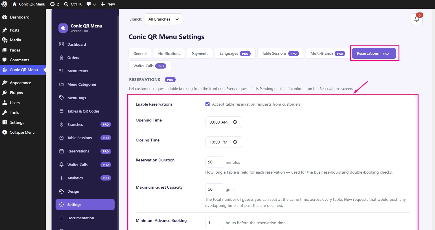 Conic QR Menu reservation management dashboard