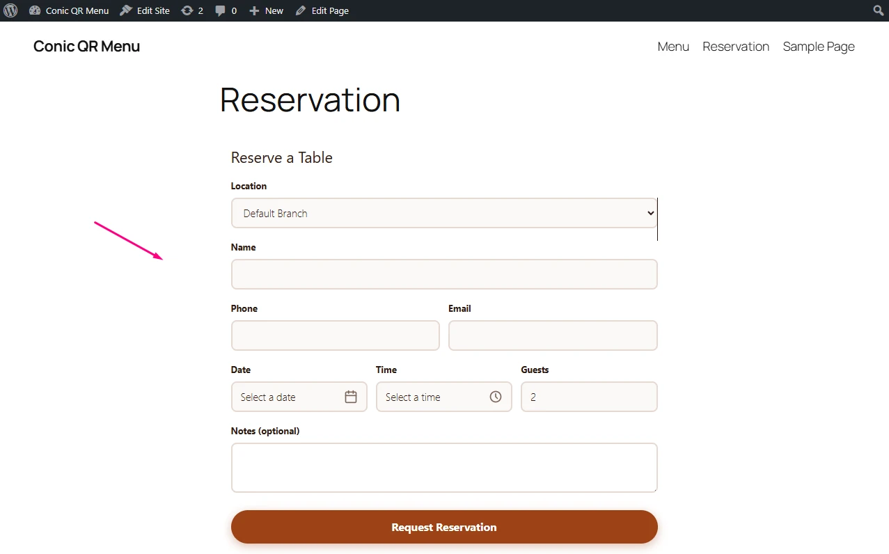 Conic QR Menu customer reservation frontend