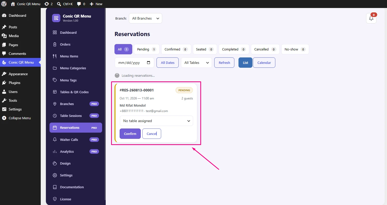 Conic QR Menu reservation list