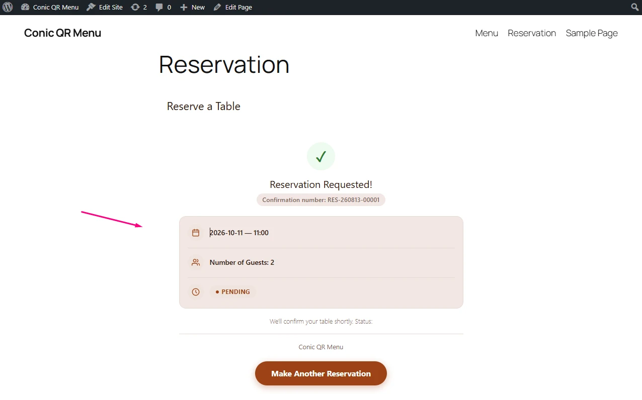 Conic QR Menu reservation request