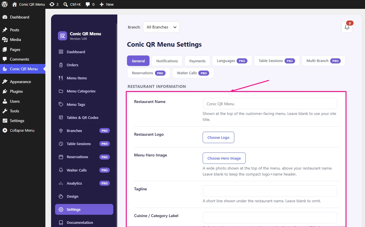 Conic QR Menu restaurant settings screen for entering restaurant details
