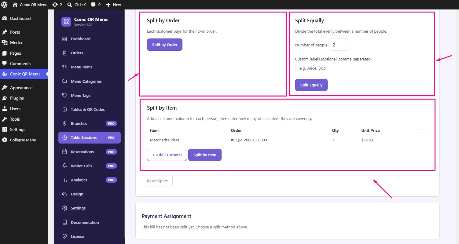 Conic QR Menu bill splitting screen for table sessions