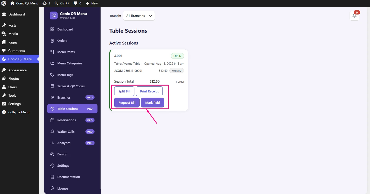 Conic QR Menu table session management screen