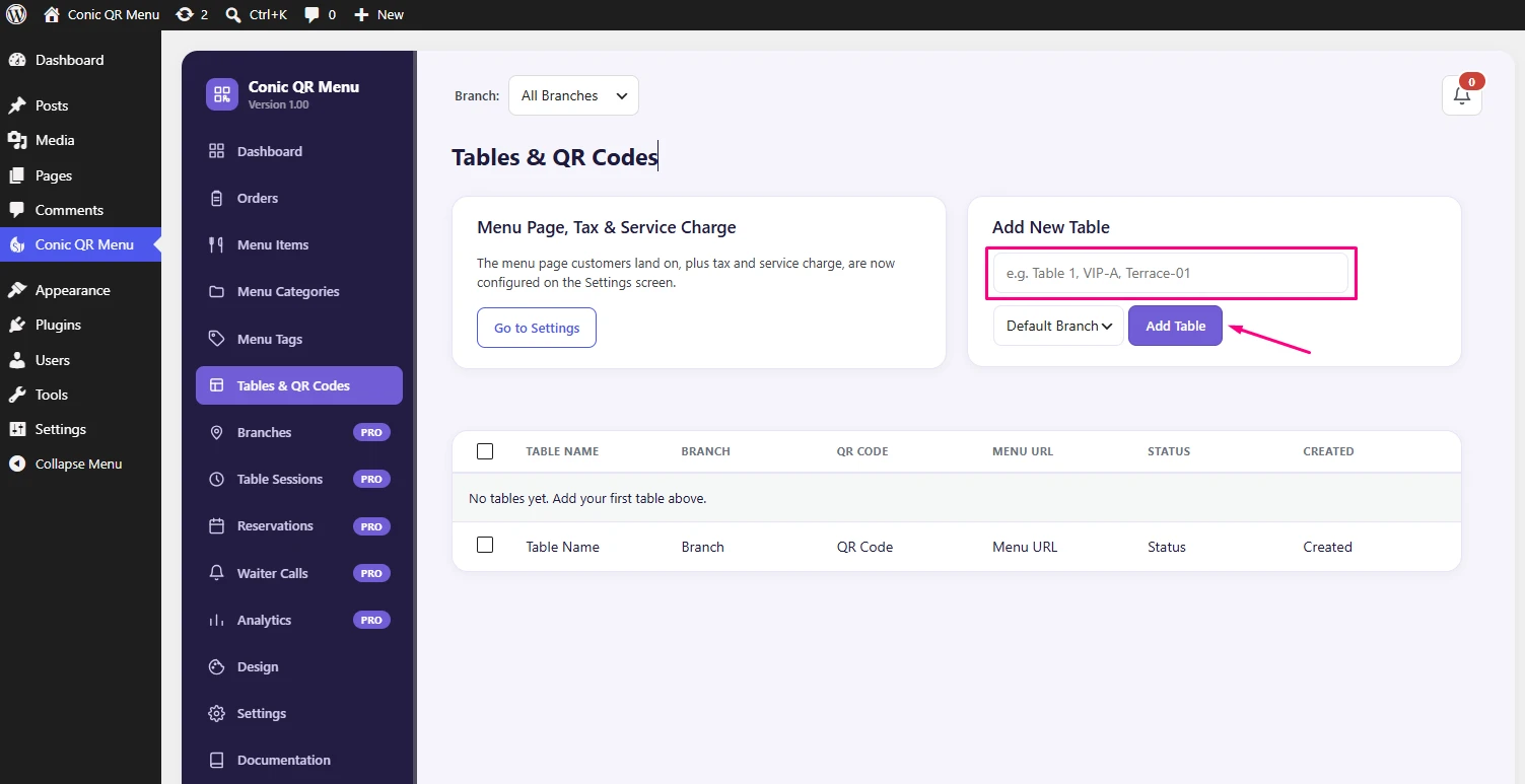 Conic QR Menu Tables screen