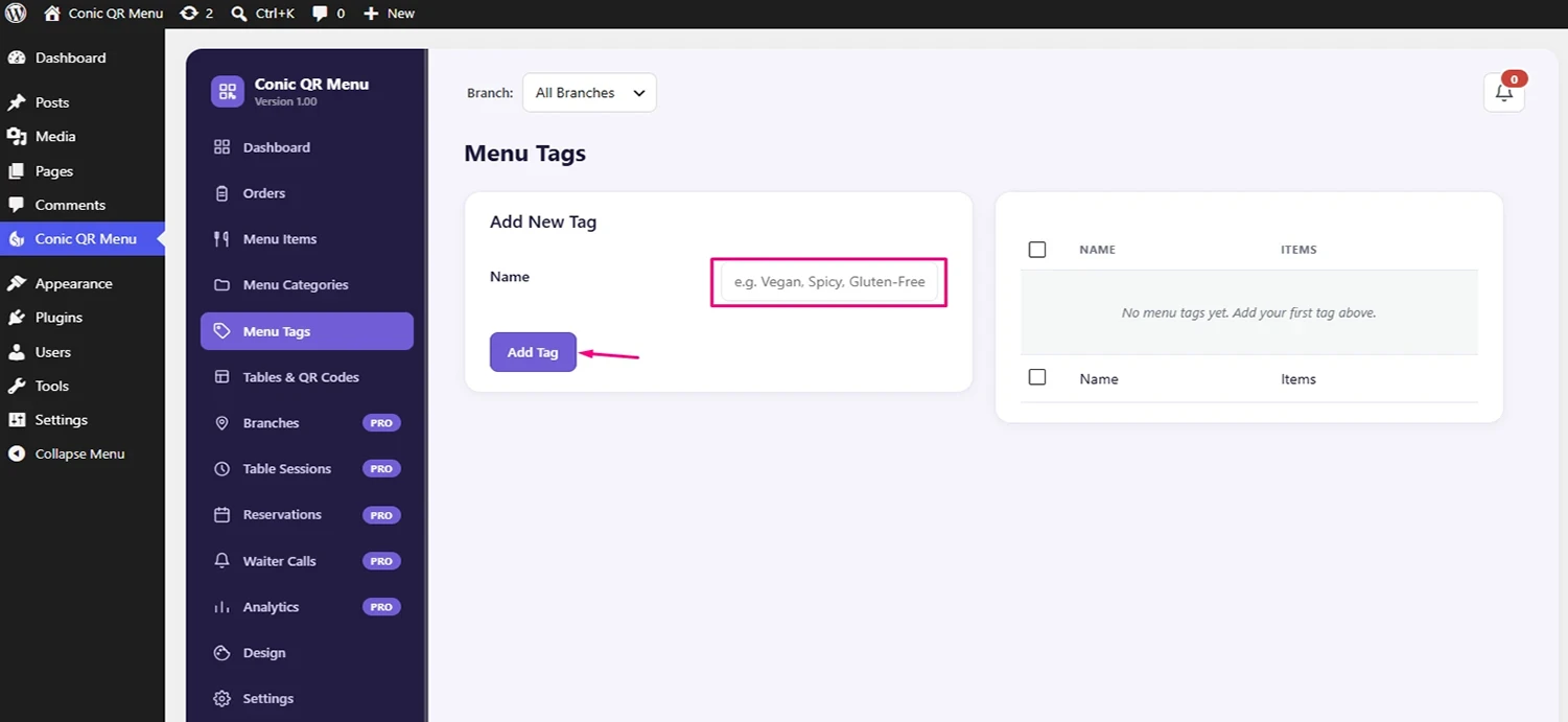 Conic QR Menu tag management screen
