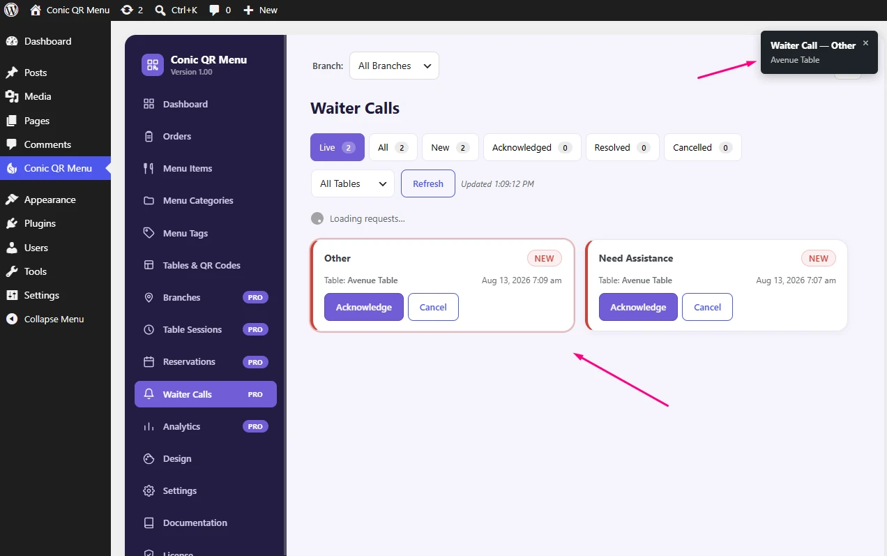 Conic QR Menu waiter calls handle screen