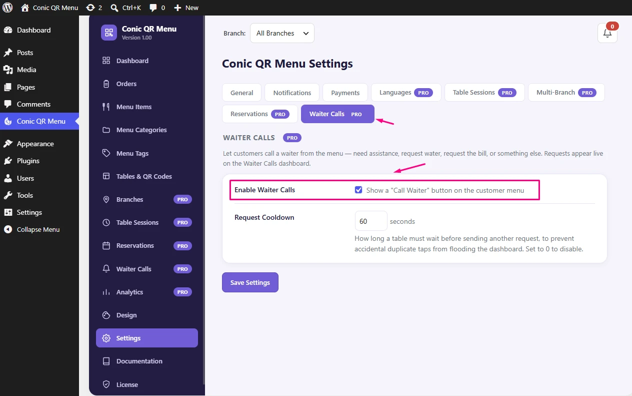 Conic QR Menu waiter calls setting screen