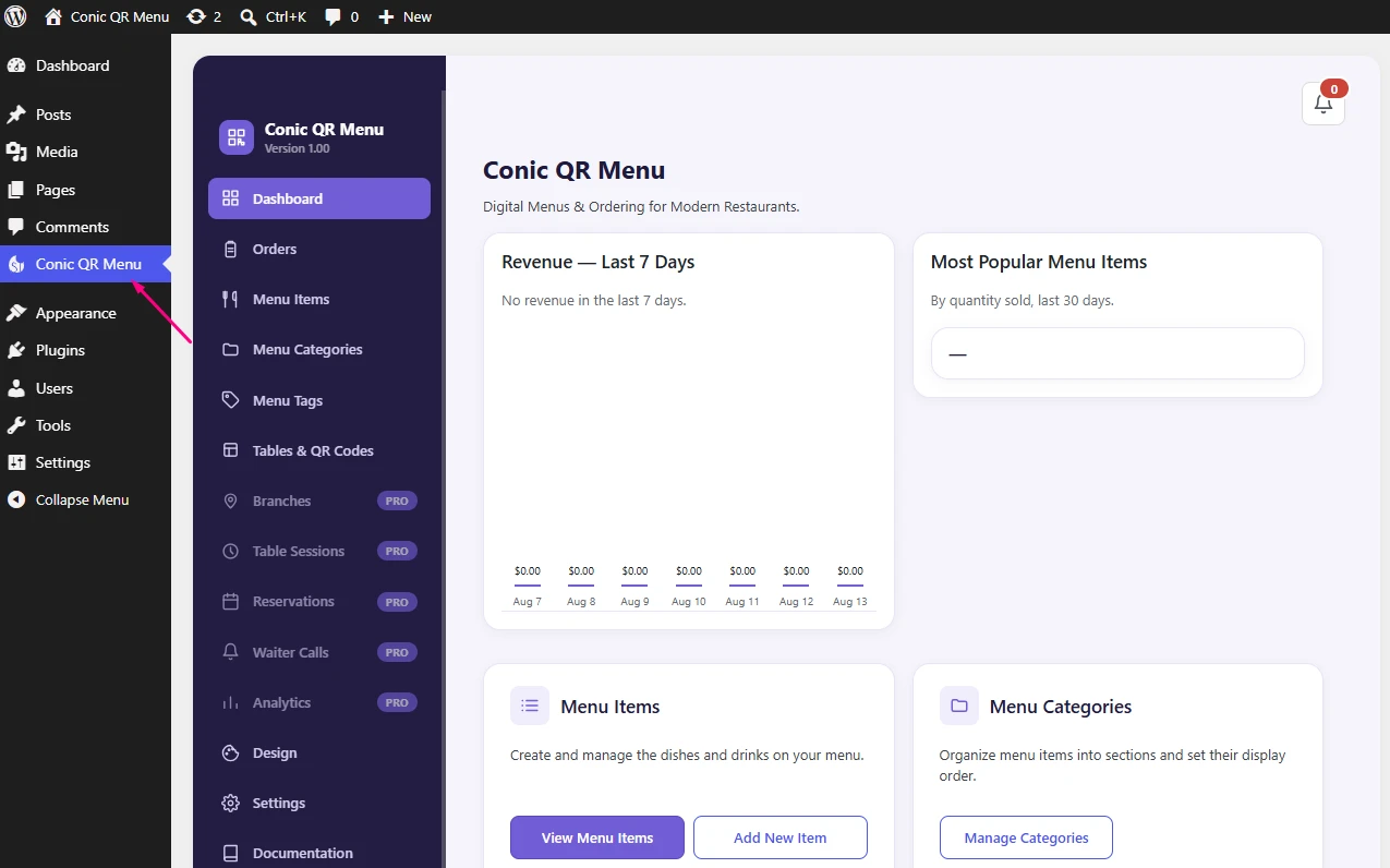 WordPress admin sidebar showing the activated Conic QR Menu plugin