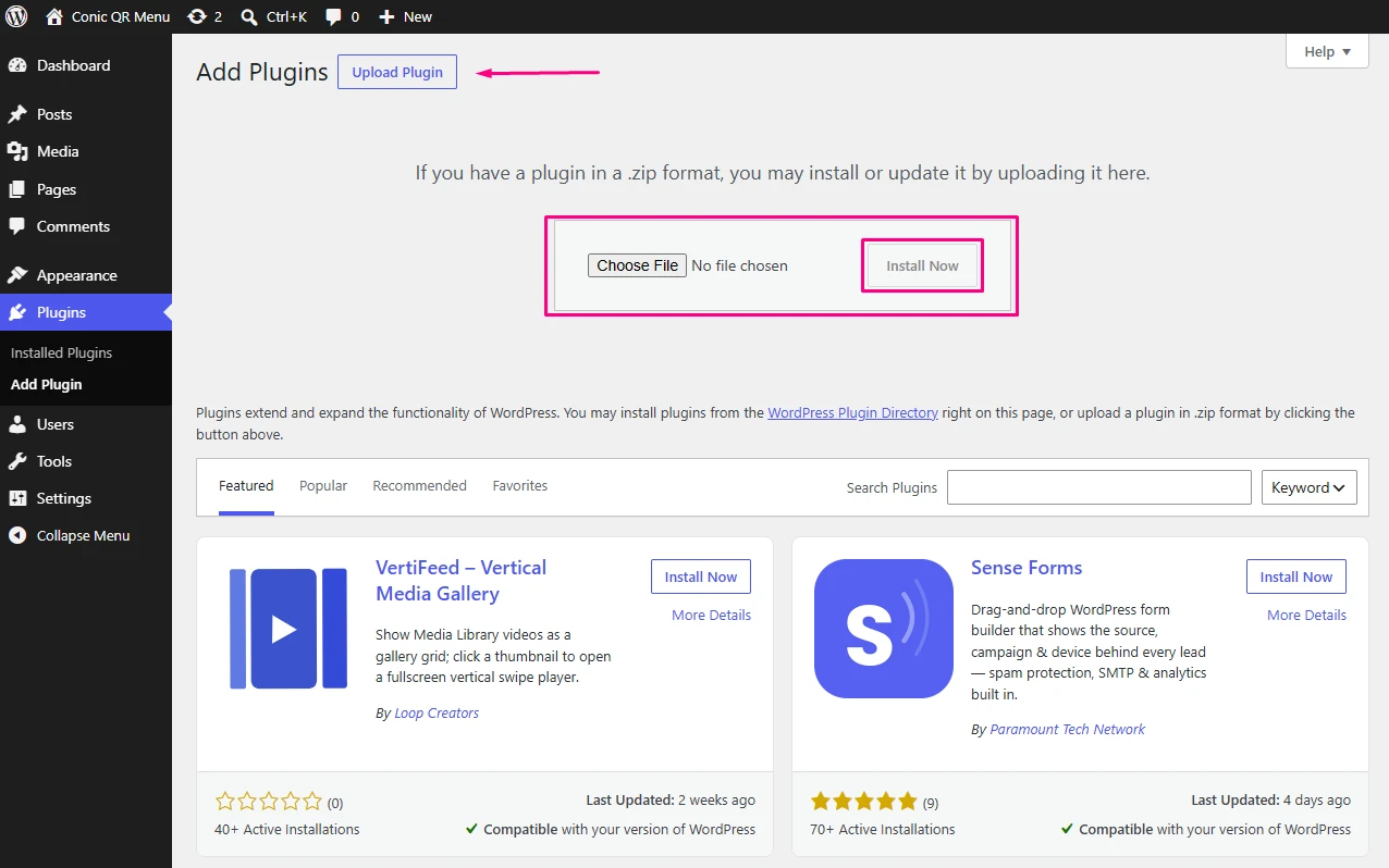 WordPress Add Plugins screen
